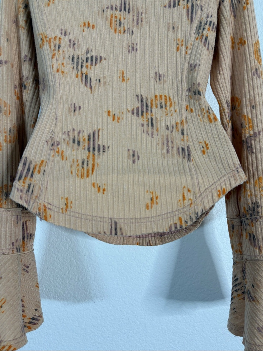 Free People Layer Me Long Sleeve Ribbed Henley Floral Medium Peach Boho - Picture 7 of 15